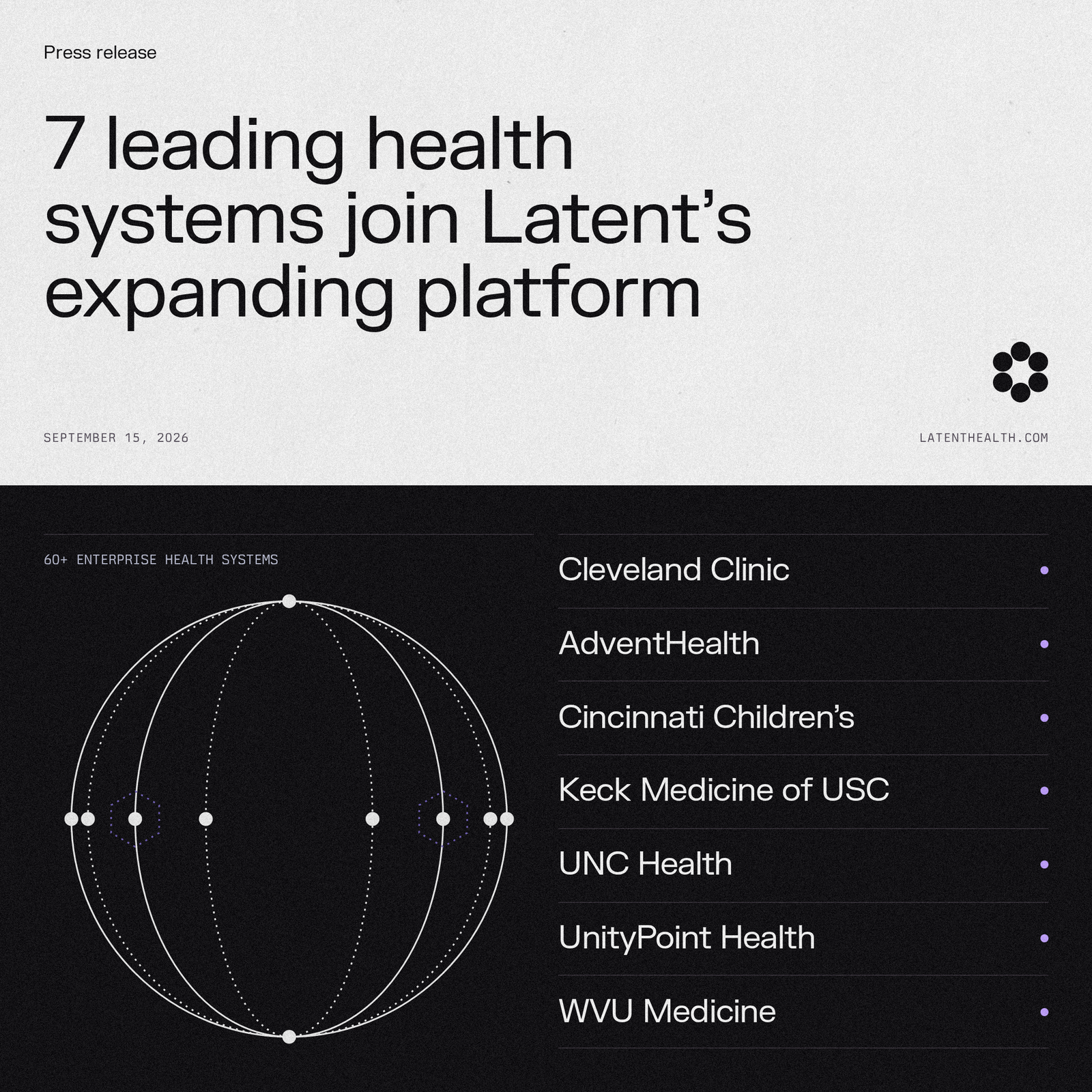 Press release card: 7 leading health systems join Latent’s expanding platform, September 15, 2026, 60+ enterprise health systems, listing Cleveland Clinic, AdventHealth, Cincinnati Children’s, Keck Medicine of USC, UNC Health, UnityPoint Health and WVU Medicine